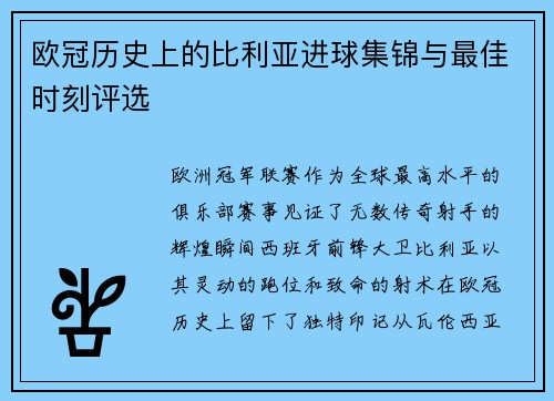 欧冠历史上的比利亚进球集锦与最佳时刻评选